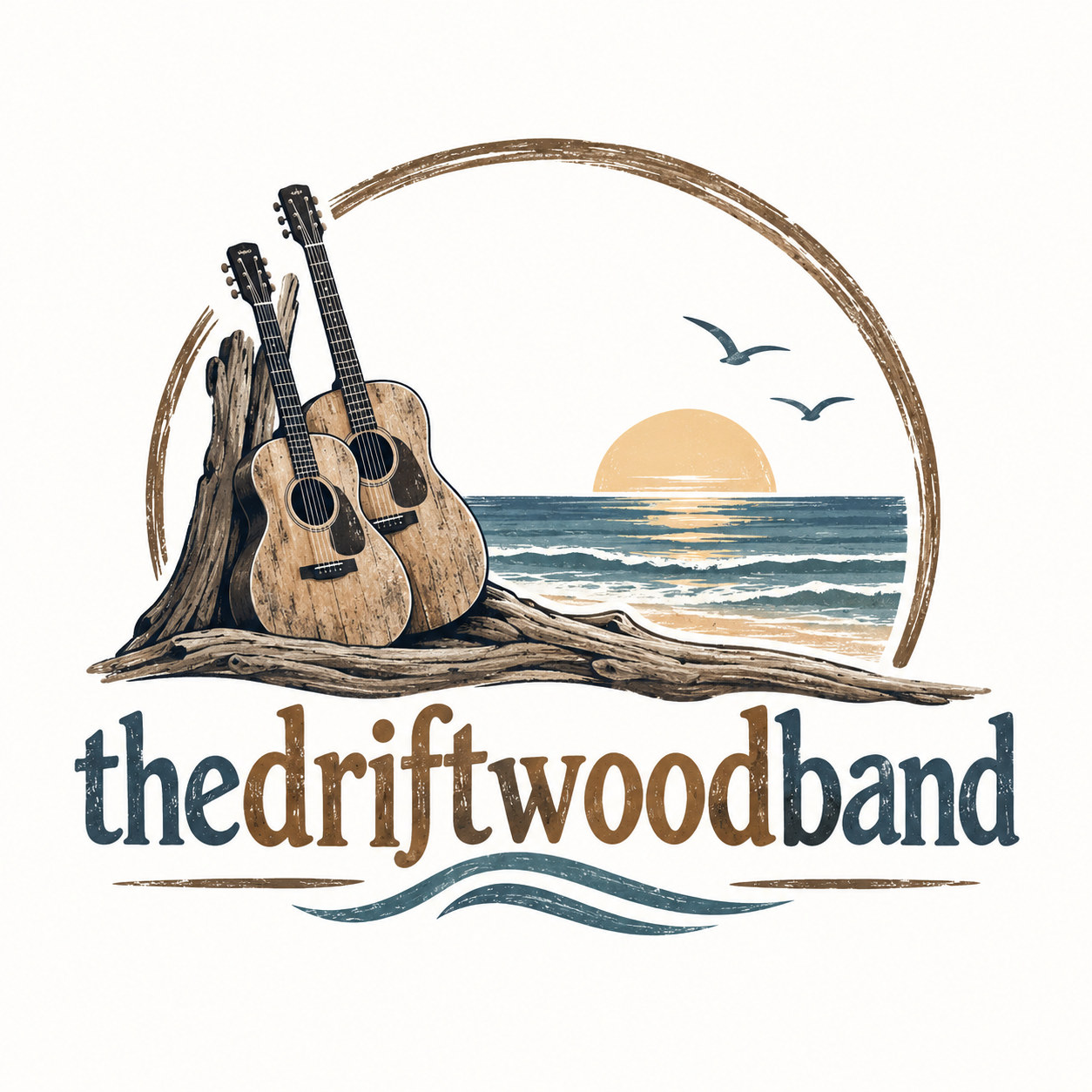 Driftwood band logo with two acoustic guitars by the ocean